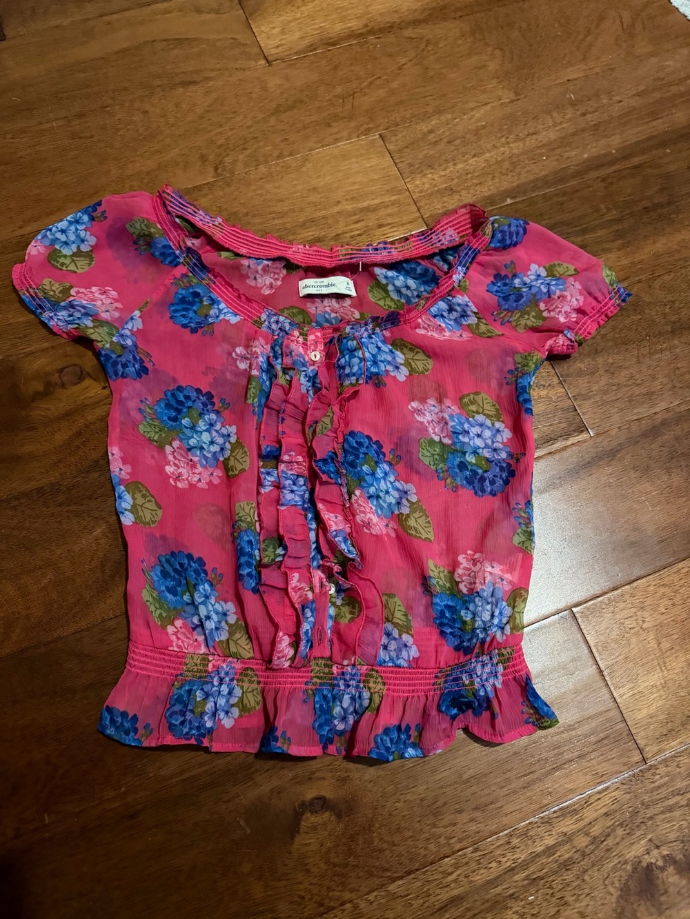 Abercrombie Kids Pink Hydrangea Floral Ruffle Top